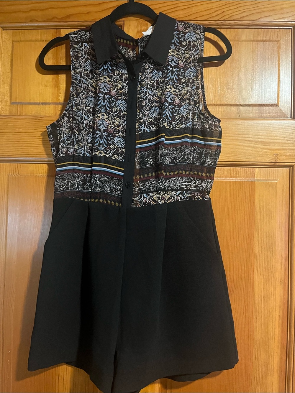 BCBG Generation Sheer, Floral Print Collared Romper Black Multicolor